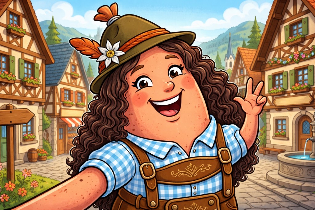 Illustration of Susan Wurst in Bavarian dress taking a selfie in a village square.