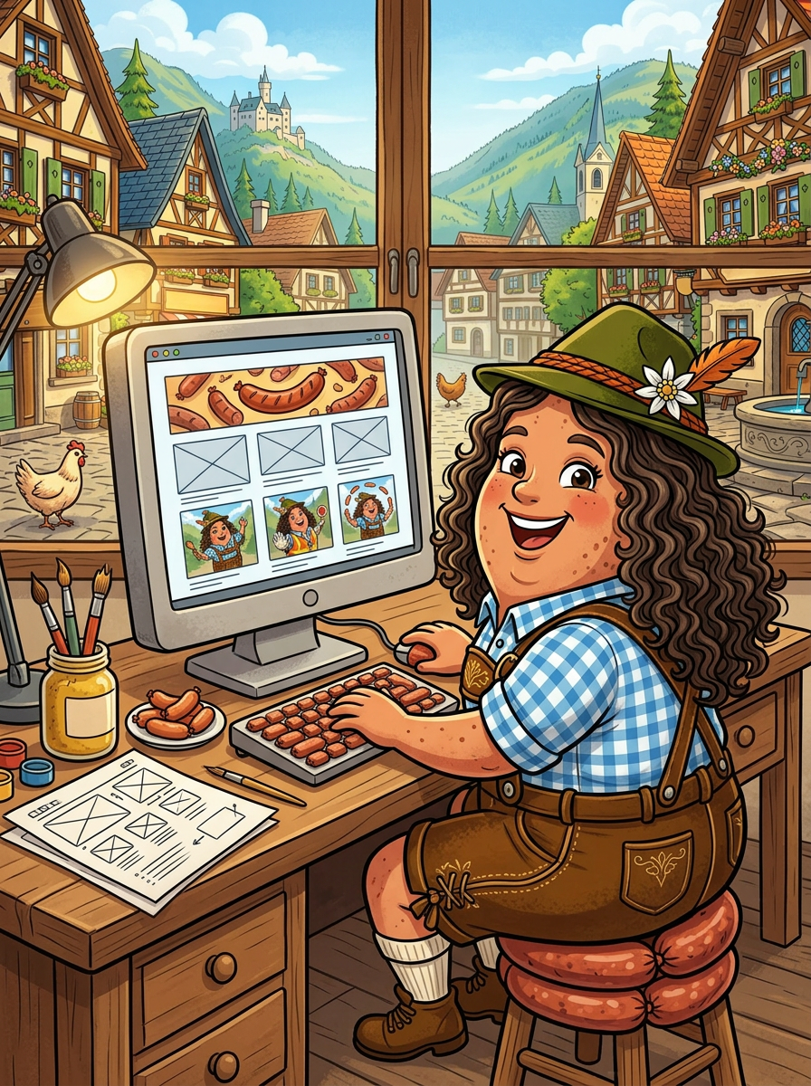 Susan illustrated at a computer working on a website or web project.