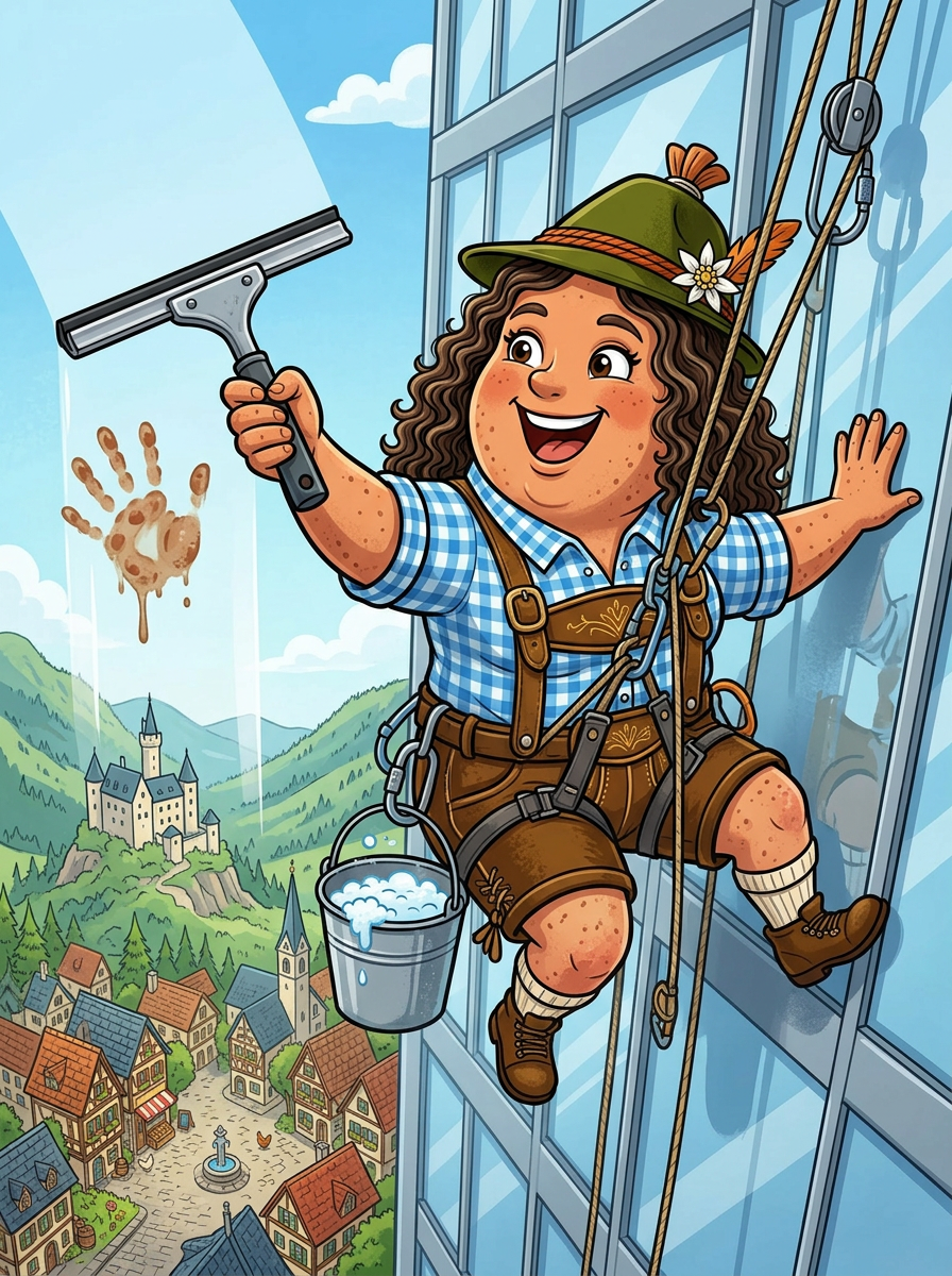 Susan illustrated at a large window with a scenic or city view.